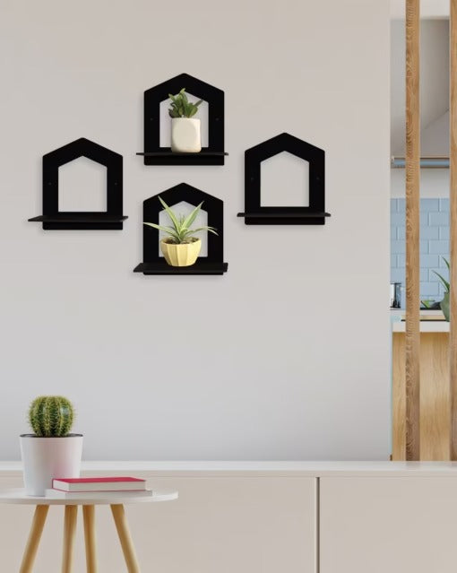 Set of 4 Wall Hanging MDF Flower Stand Black (N6)